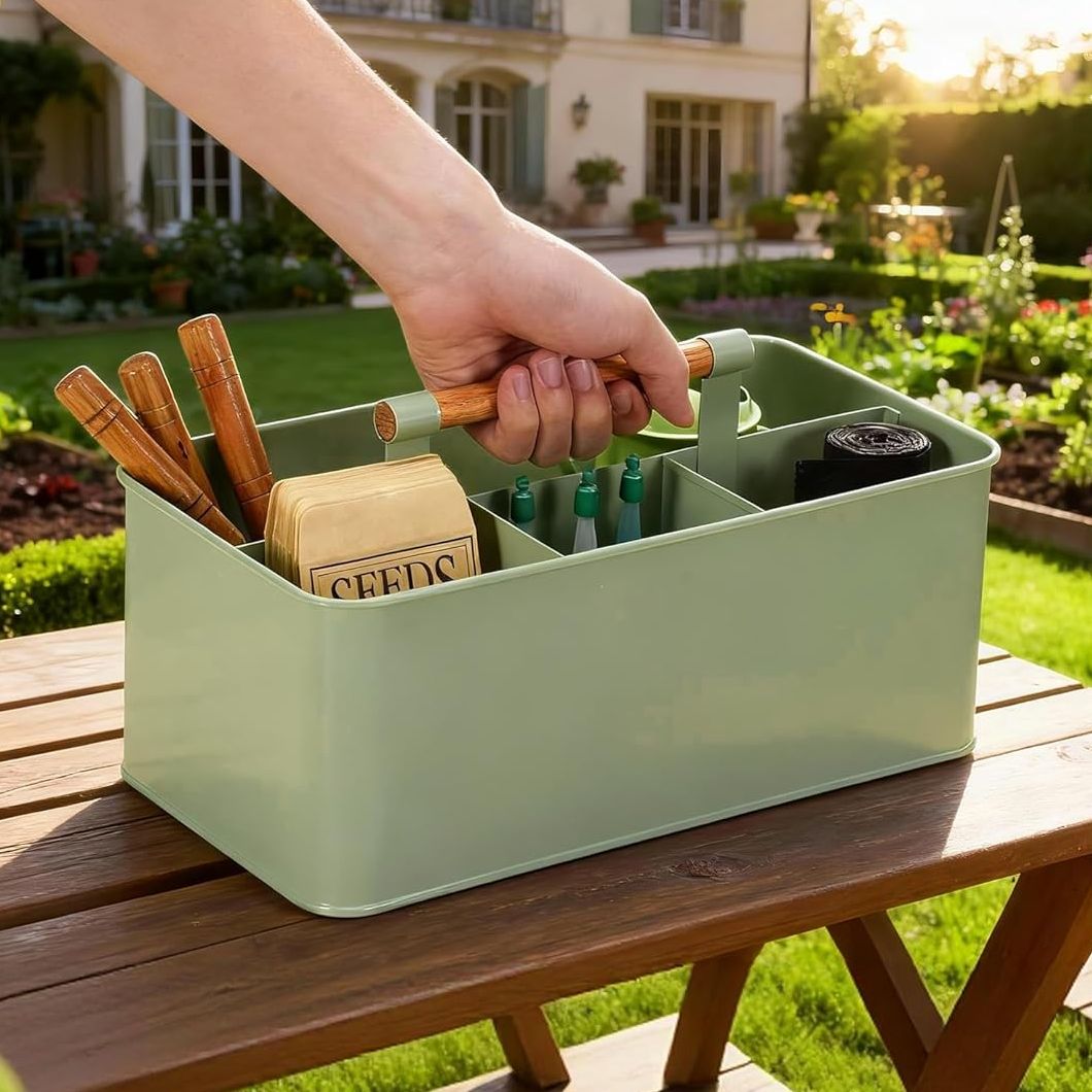 Candco Garden Tool Organizer With Wooden Handle, Metal Garden Caddy With 4 Compartments, Gardening Tool Basket Cleaning Organizer Caddy for Indoor &amp; Outdoor