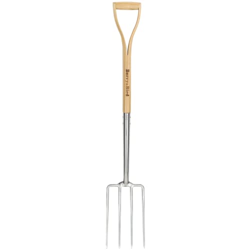Berry&amp;bird Gardening Digging Fork, 4-Tine Stainless Steel Pitchfork, 43.9" Heavy Duty Spading Fork With D-Grip Handle and Ergonomic Ash Wood Handle for Digging, Planting, Cultivating, Aerating