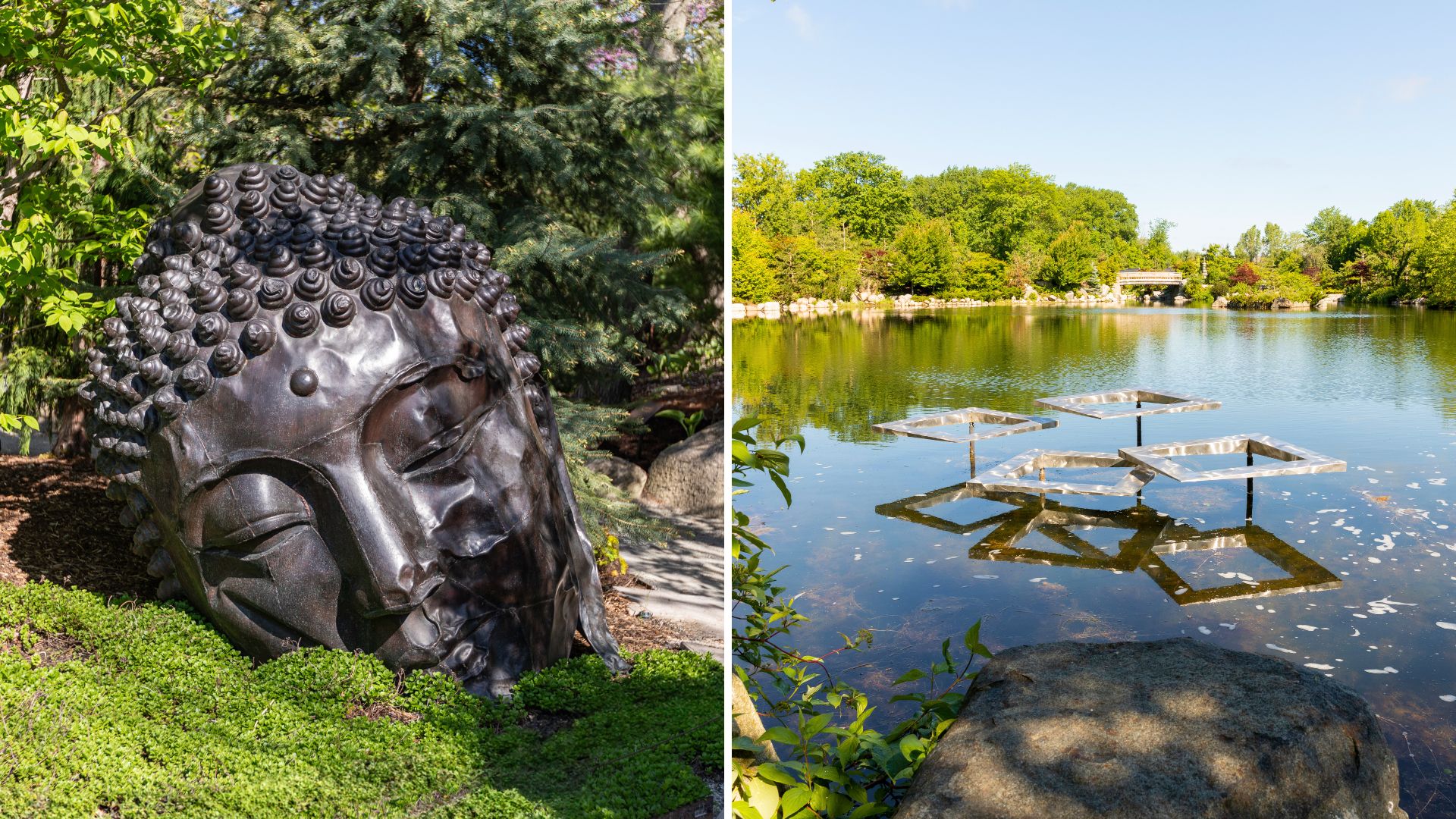 Meijer Japanese Garden sculptures. To the left, a head sculpture emerging out of the ground. To the right, a sculpture elevated above the pond