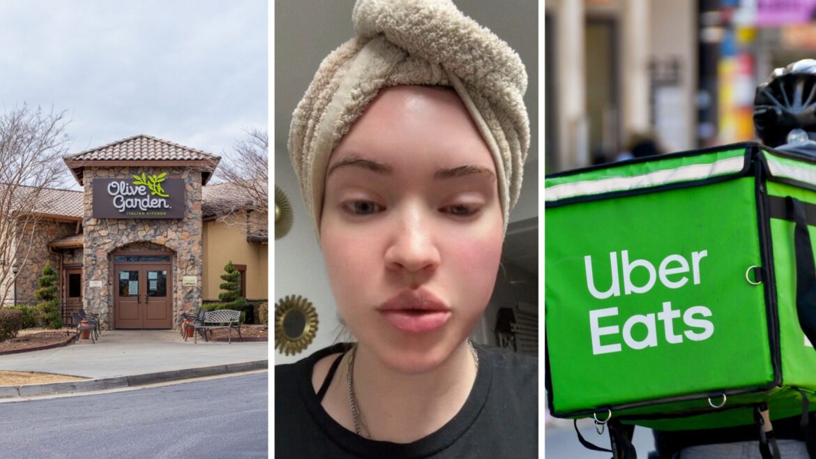 Happy Accident? Woman Gets Chanel Instead Of Olive Garden olive garden front entrance (l) woman shares Uber eats order issue (c) uber eats delivery guy (r)