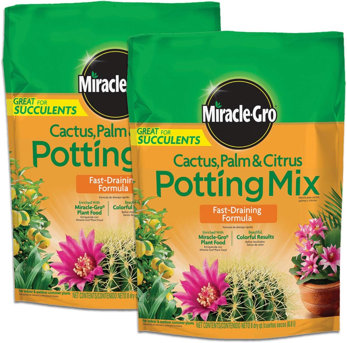 Miracle-Gro Cactus, Palm and Citrus Potting Mix, for Indoor or Outdoor Potted Plants, Great for Succulents, 8 Qt., 2-Pack