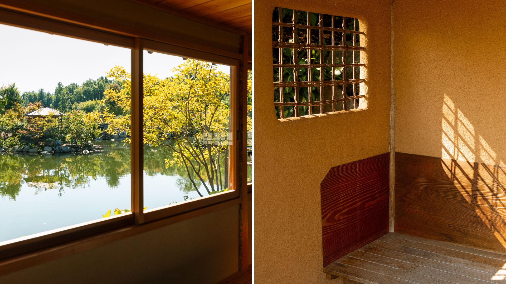 Meijer Japanese Garden tea house. View of the pond, traditional seating inside