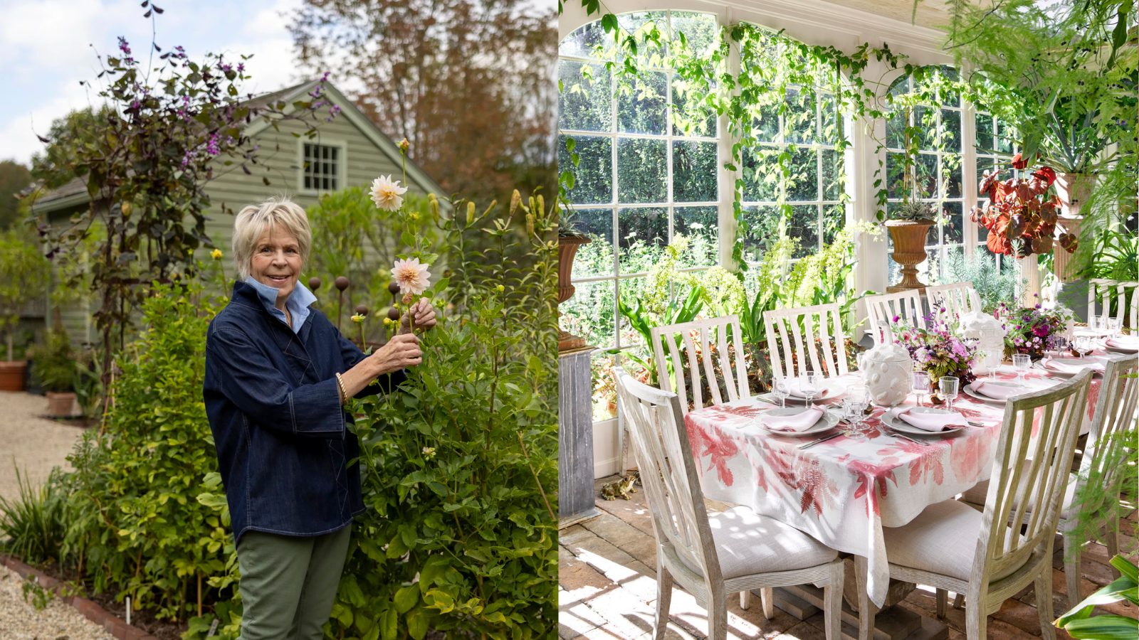 Bunny Williams next to dahlias, and a tablescape in a greenhouse