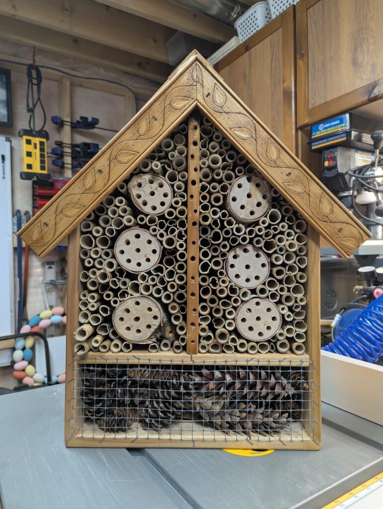 Built two Bee Boxes for solitary bees w/ lower pine cone nest compartment, as Xmas gifts for the gardeners' Mom & MIL