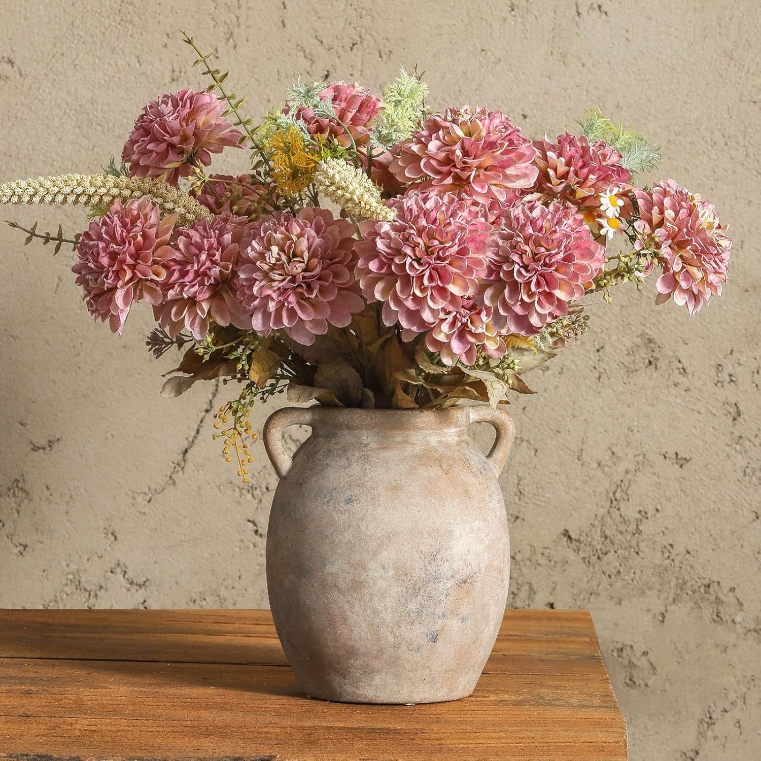 Dobbyby Ceramic Flower Vase 7.6 Inch Farmhouse Rustic Vase Decorative Pottery Terracotta Vases for Home Decor Table Mantle Fireplace Living Room Bathroom Wedding Centerpiece (whitewashed)