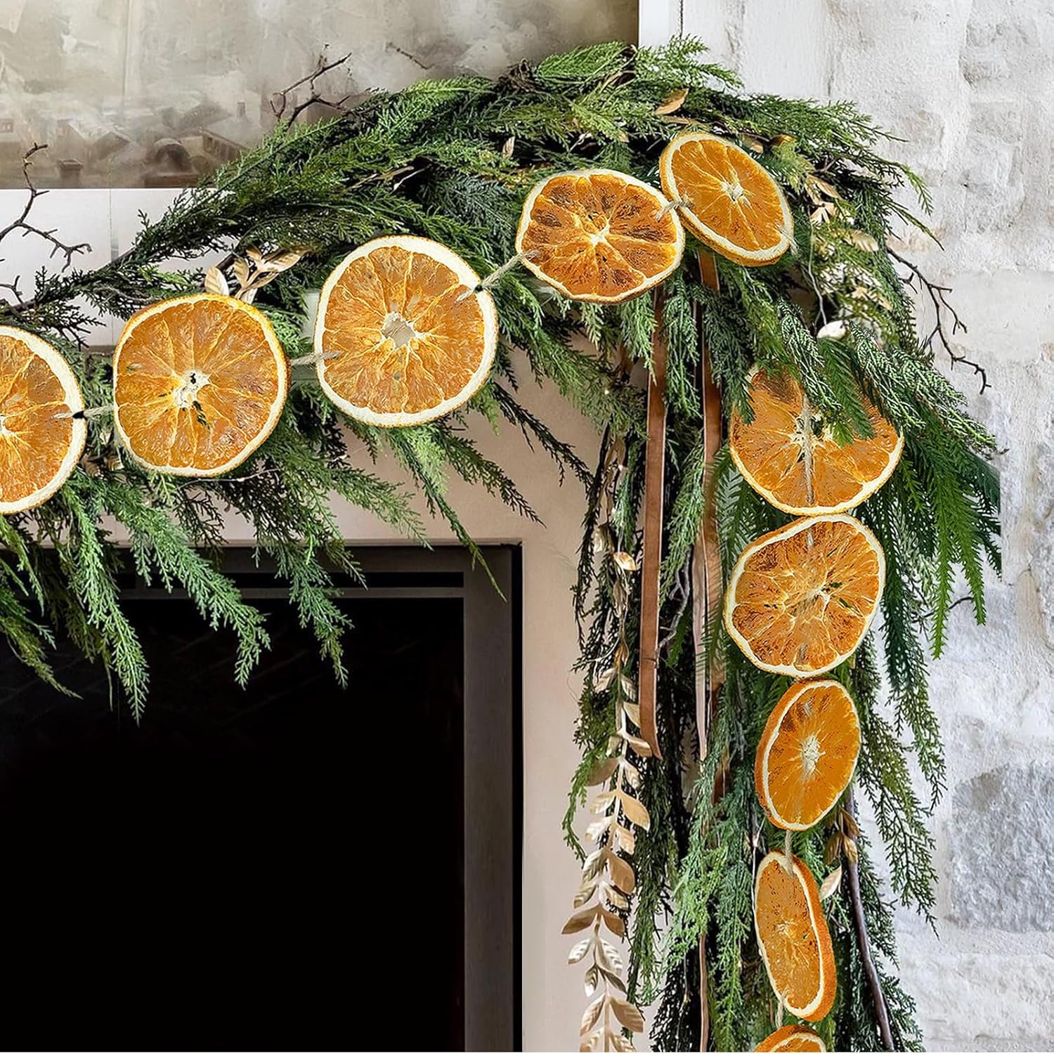 Moguri 3 Metre Christmas Garland With Dried Orange Slices, Realistic Fir Garland for Christmas Decoration, Door, Fireplace, Window and Table, Indoor and Outdoor Decoration