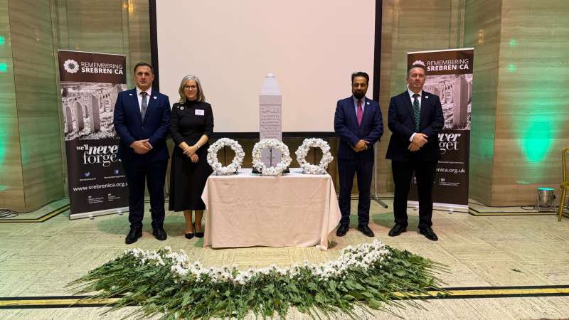 The Srebrenica Memorial Stone was unveiled in the National Peace Garden in Cardiff The Srebrenica Memorial Stone was unveiled in the National Peace Garden in Cardiff
