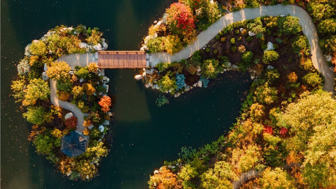 Meijer Japanese Garden from above. Amazing fall color with a twisting path that goes out onto a pond