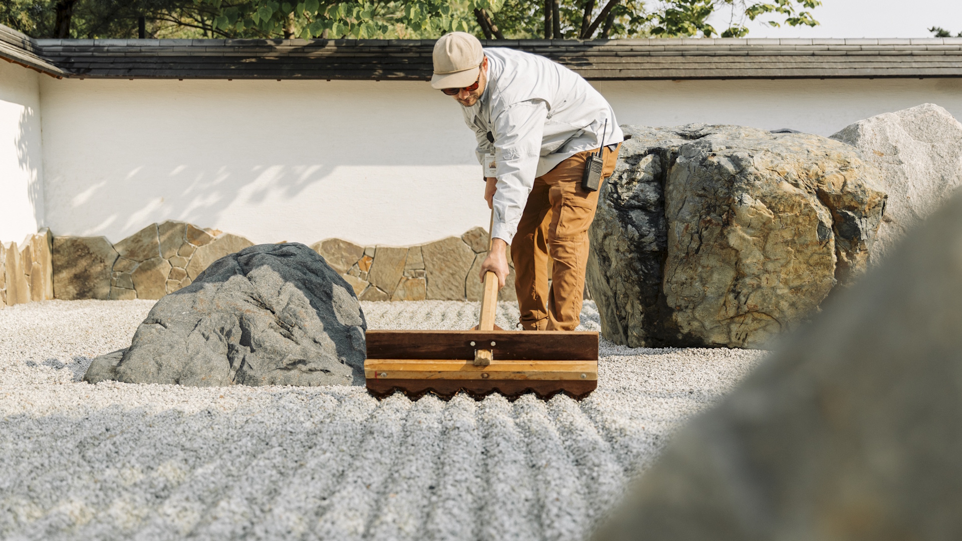 Meijer Japanese Garden zen gravel garden being raked into a design