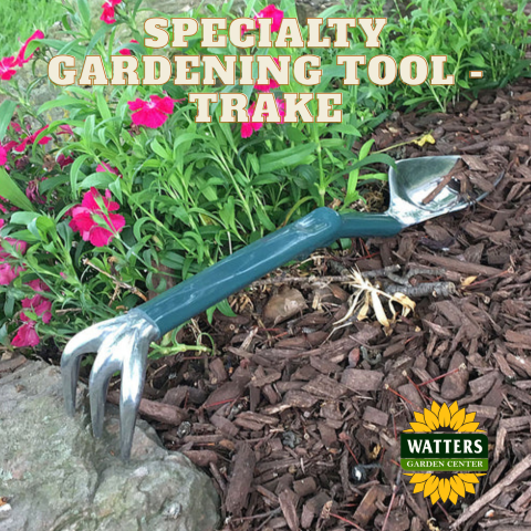 trake hand tool, with "specialty gardening tool - trake" written above