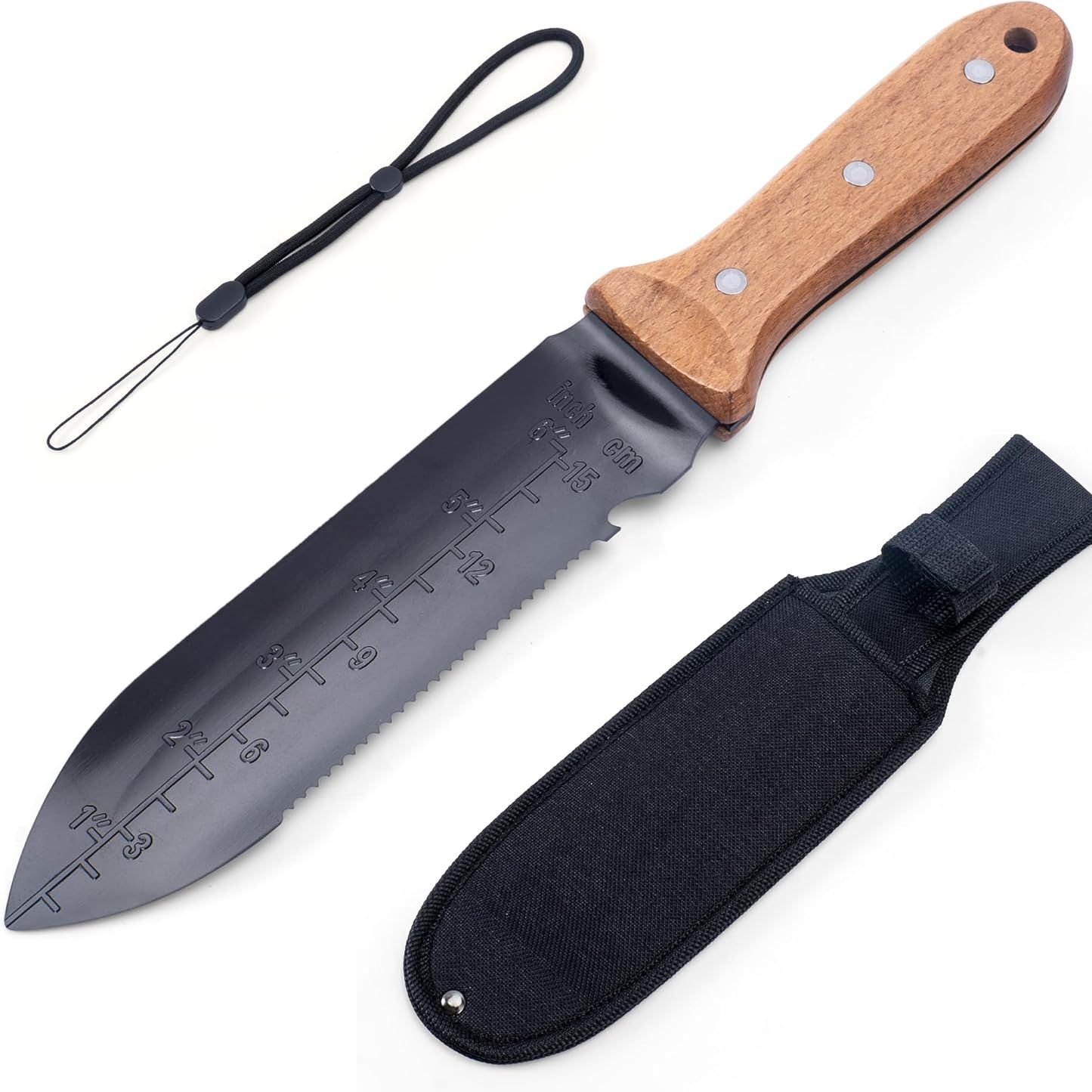 Yang Hori Hori Garden Knife, 7" Stainless Steel Gardening Knife With Oxford Cloth Sheath, Full Tang Beechwood Handle Garden Tool for Digging, Planting & Weeding, Pointed Tip for Hard Soil