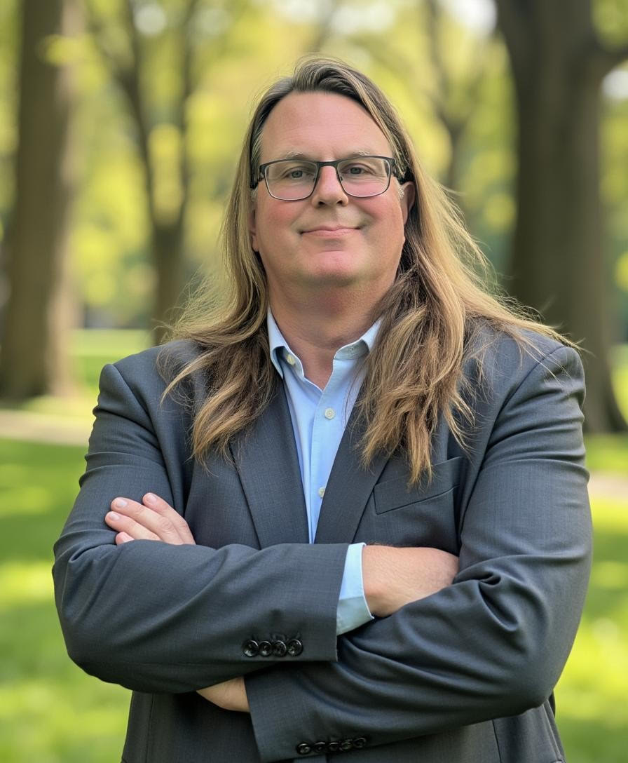 Man in dark gray suit with glasses stood in front of trees