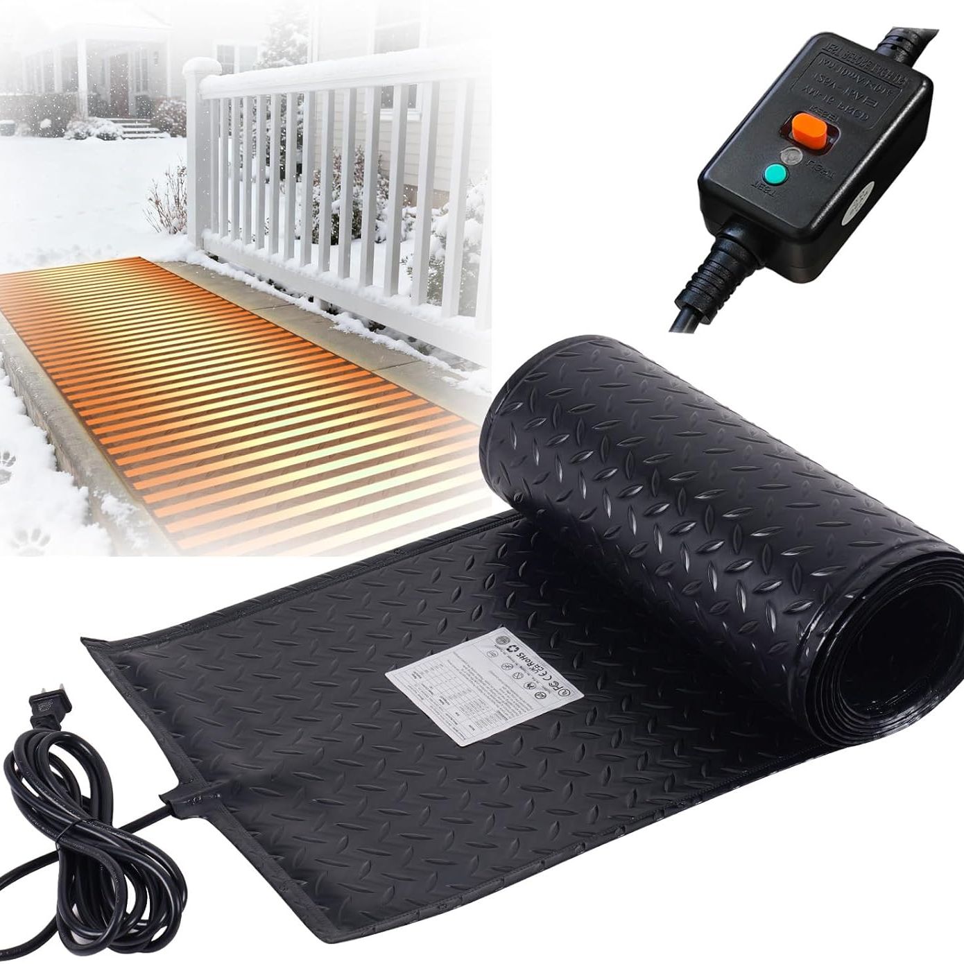 Nujorwarmart Heated Snow Melting Mats Outdoor, Anti-Slip Leakage Protection Heated Mat for Walkways Roof, 3 In/h Melting Snow and Ice 15inch X 8ft 120v