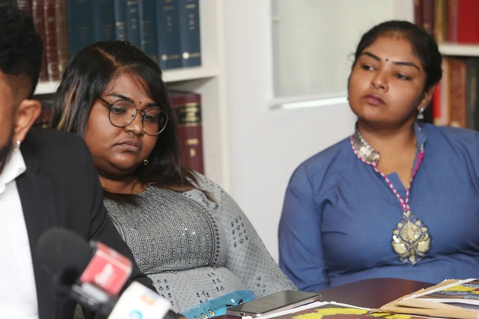 The wives of the victims of the Durian Tunggal police shooting at the press conference, December 15, 2025. — Picture by Choo Choy May