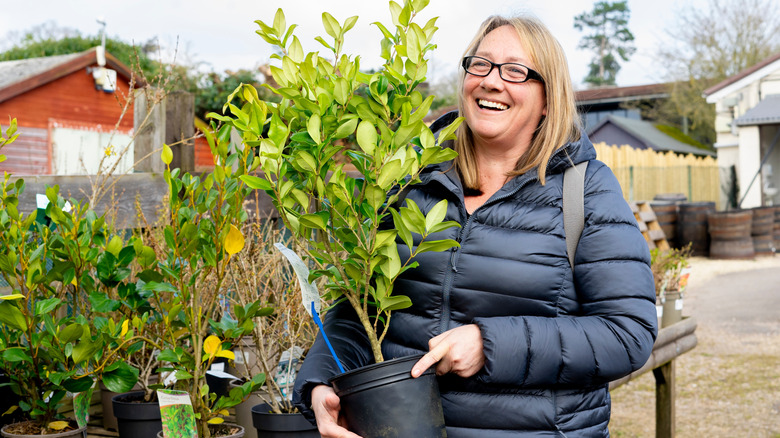 Woman buying plants from a shop in winter