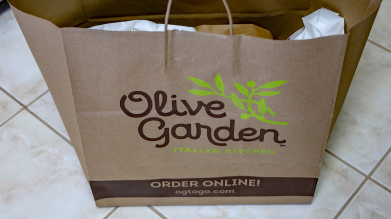 The exterior of a takeout bag from Olive Garden