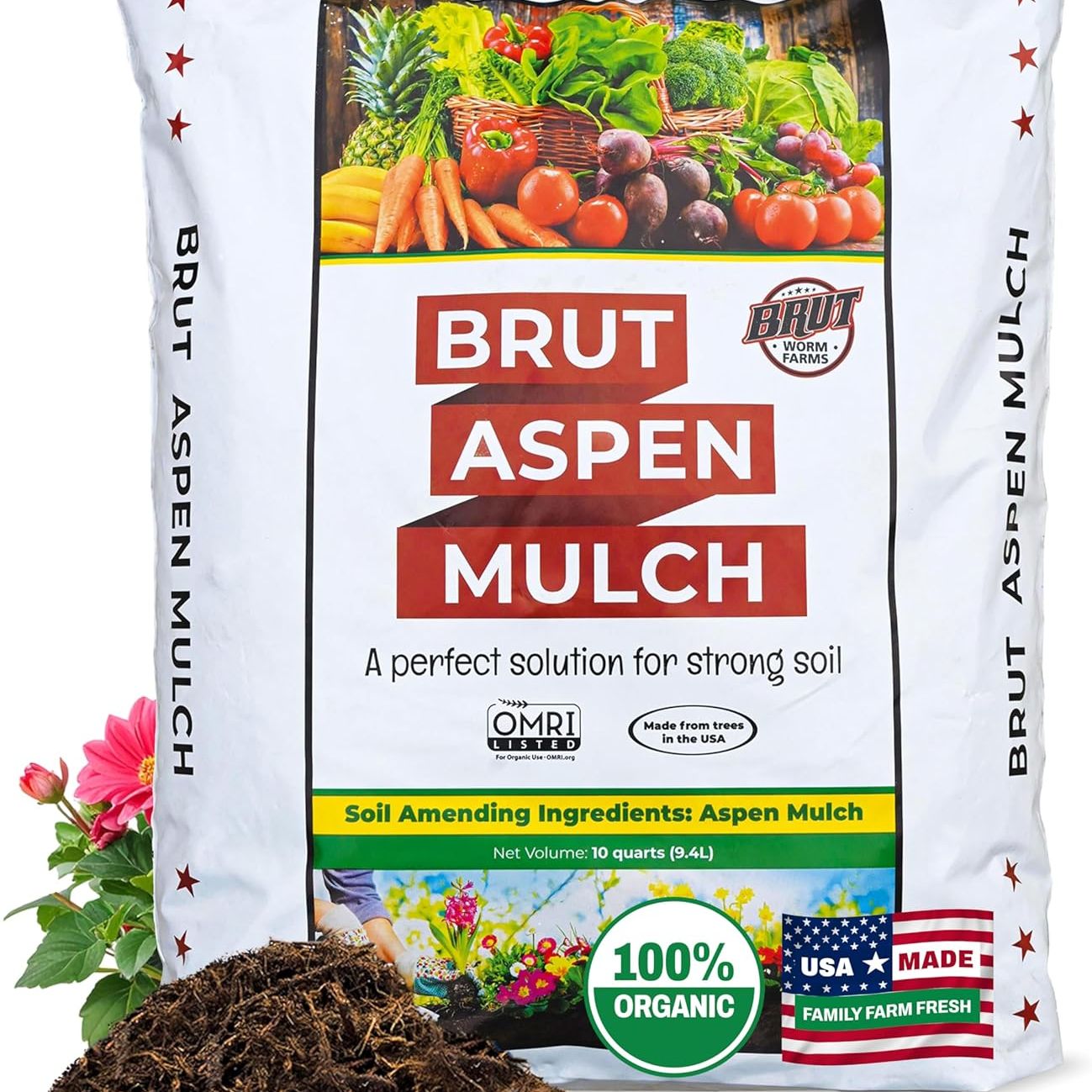 Brut Organic Aspen Mulch &ndash; 10 Quarts, Natural Moisture Retainer &amp; Root Protector &ndash; Odor-Free, Nutrient-Rich Bark Mulch for Landscaping, Garden Beds &amp; Potted Plants