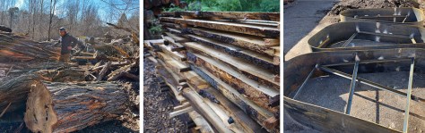 Luedtke’s reclaimed wood stockyard and the reclaimed metal raised beds.