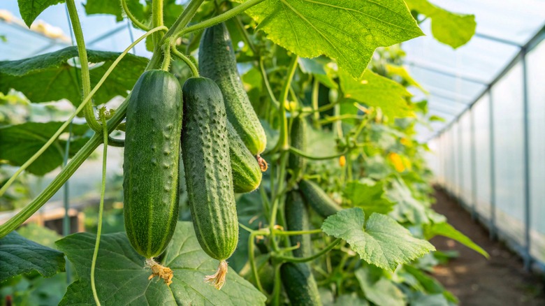 Cucumbers growing indoors in a greenhouse