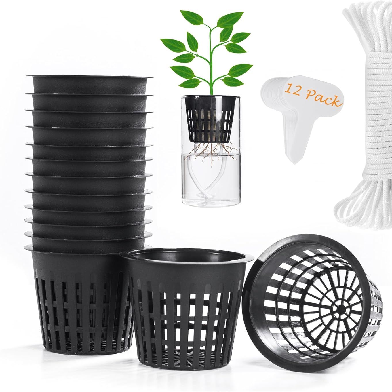 Orimerc 12 Pack 3 Inch Net Cups Pots With 12 Feet Hydroponics Self Watering Wick &amp; 12 Plant Labels Aquaponics Mason Jar Bucket Insert Orchid Kratky Vegetable Garden Growing Netted Basket Slotted Mesh