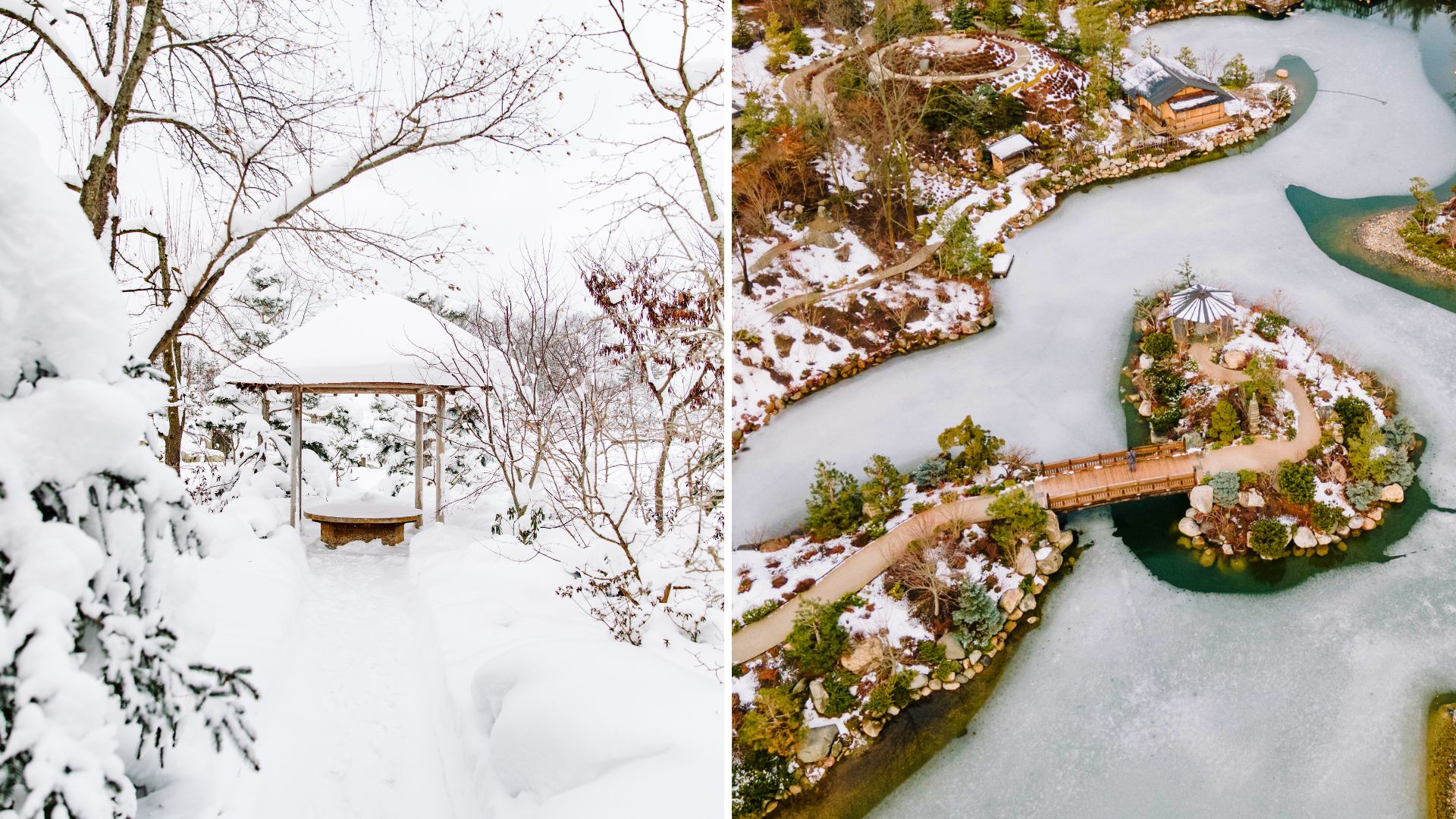 Meijer Japanese Garden in winter. To the left, a snow covered pergola. To the right, an aerial view of the frozen pond