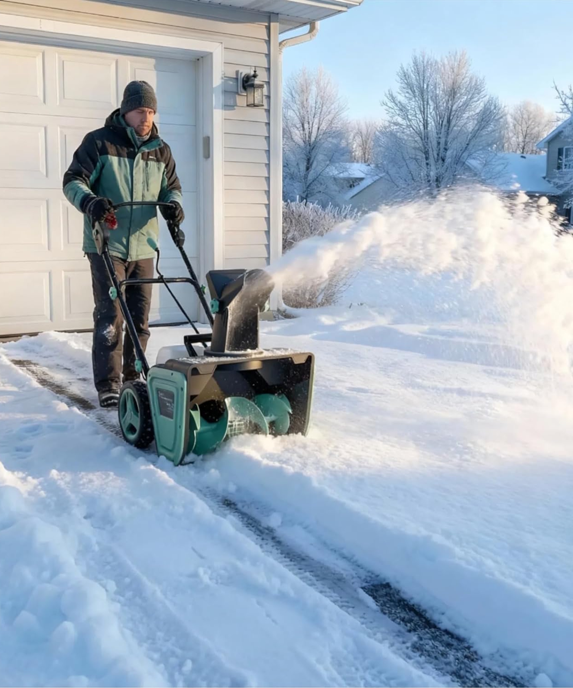 Amazon Garvee electric snow blower clearing a driveway