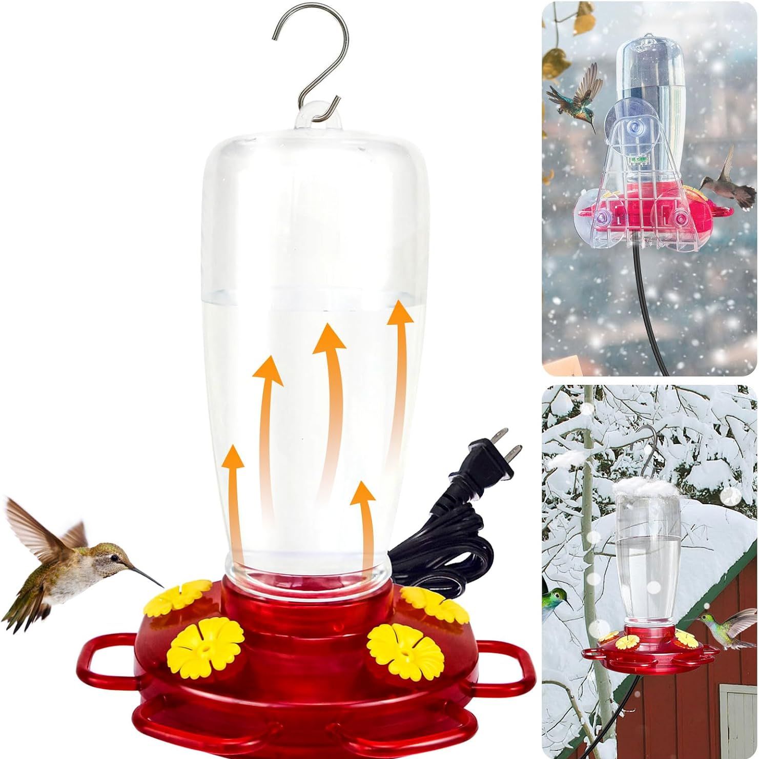 Heated Hummingbird Feeders for Winter Outdoors, 15oz Plastic Humming Bird Feeder for Winter With 4 Feeding Ports, Easy Cleaning and Filling Window Hummingbird Feeder With Suction Cup and Hook