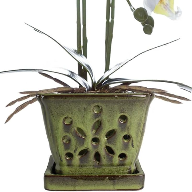 Vensovo 5.5 Inch Orchid Pot With Holes Rectangular for Repotting, Ceramic Orchid Planter Indoor/outdoor Use With Enhanced Airflow &amp; Drainage, Green