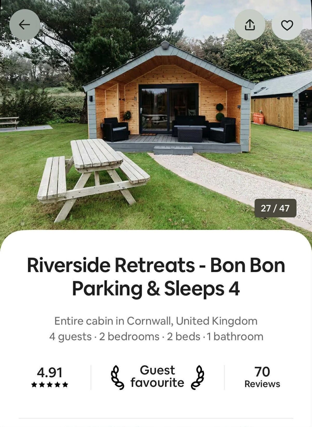 A listing for one of the cabins which doesn't have planning permission