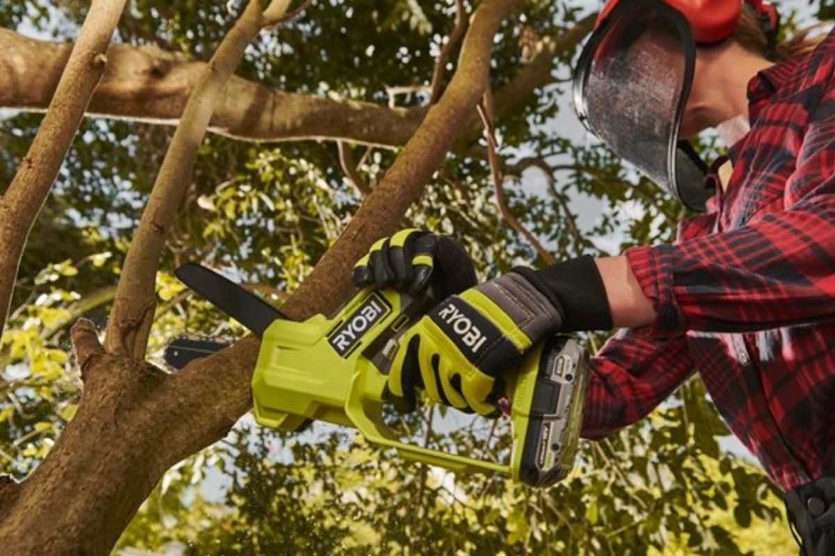 Person cutting a tree branch with a Ryobi 18V ONE Cordless 15cm Pruning Saw
