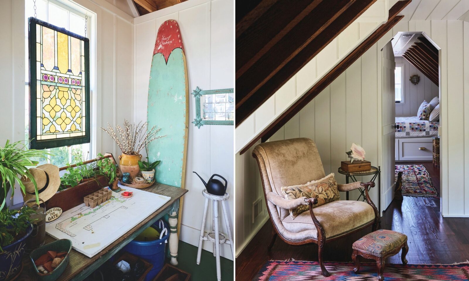 A room with a desk, surfboard, and stained glass; a chair outside a bedroom
