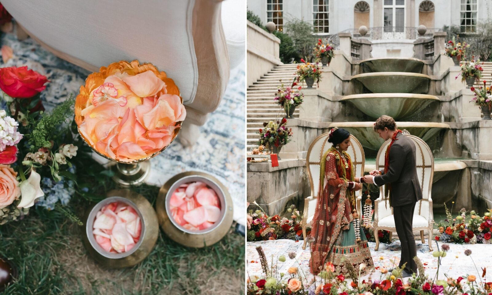 Pots of rose petals; a couple in front of a fountain