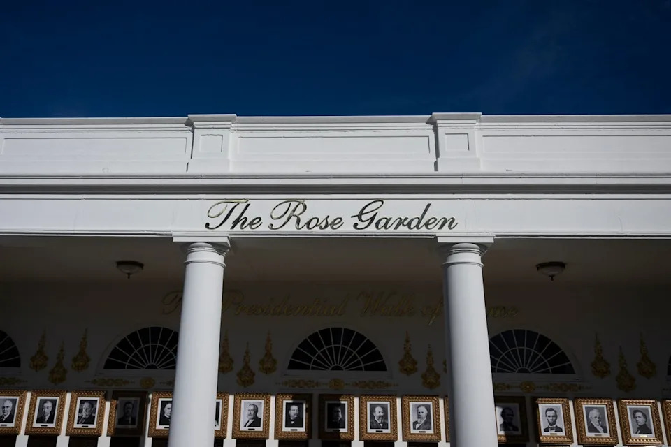 Social media users have reacted with astonishment and disgust to a new sign to the White House Rose Garden, as Donald Trump’s controversial remodeling of the space continues (AFP via Getty Images)