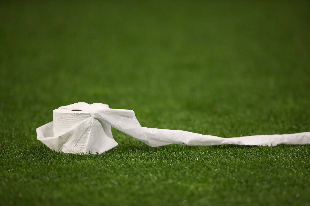 A toilet roll is seen on the pitch during the UEFA Europa League Final between Olympique de Marseille and Club Atletico de Madrid