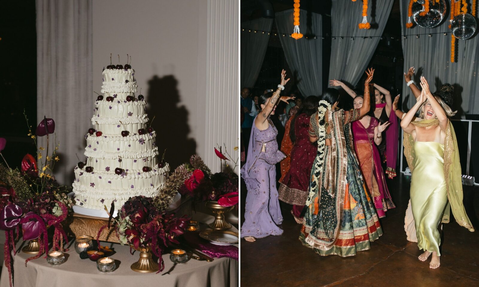 A tiered wedding cake with cherries; women dance during a wedding party