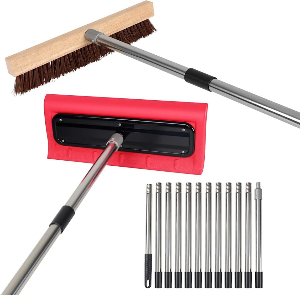 2-In-1 Leaf Roof Brush and Snow Rake, Roof Cleaning Brush & Leaf Removal Tool, Adjustable 5-21ft Cleaning Brush Tool for Cleaning Shingles, Solar Panels, Car Tops With No-Scratch Head