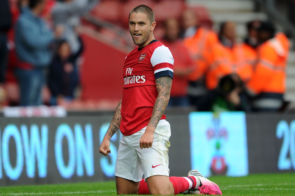 Henri Lansbury of Arsenal celebrates scoring a goal for Arsenal during Markus Liebherr Memorial Cup at St. Marys Stadium on July 14, 2012