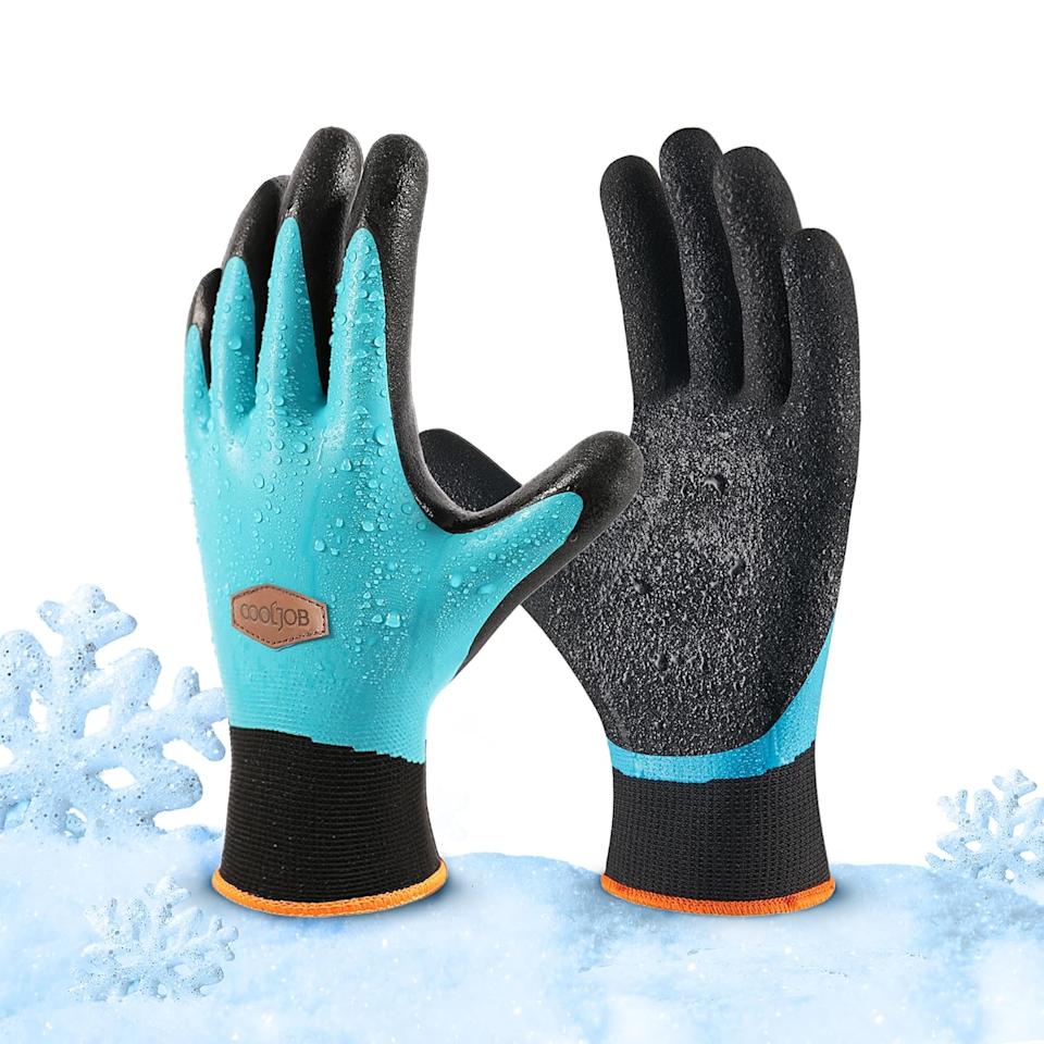Cooljob Waterproof Winter Freezer Gloves for Working Gardening Fishing Construction Worker, Double Coated Rubber for Warehouse Cold Refrigeration House, 1 Pair Large Blue