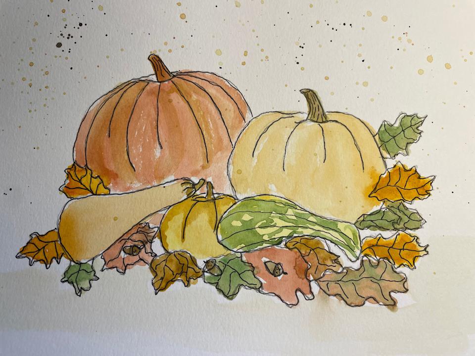 Fall harvest doodle, painted by Mary Janik.