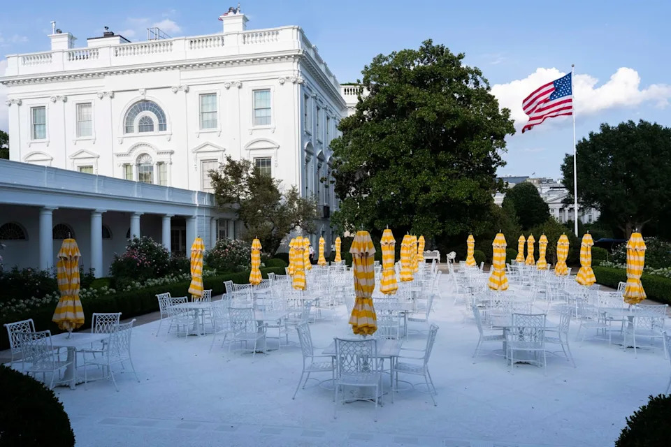 A new speaker system has been installed as well as country club-style chairs, tables, and striped umbrellas – with The New York Times reporting that Trump wanted to ‘recreate’ the experience of his private Palm Beach club, Mar-a-Lago (Getty)