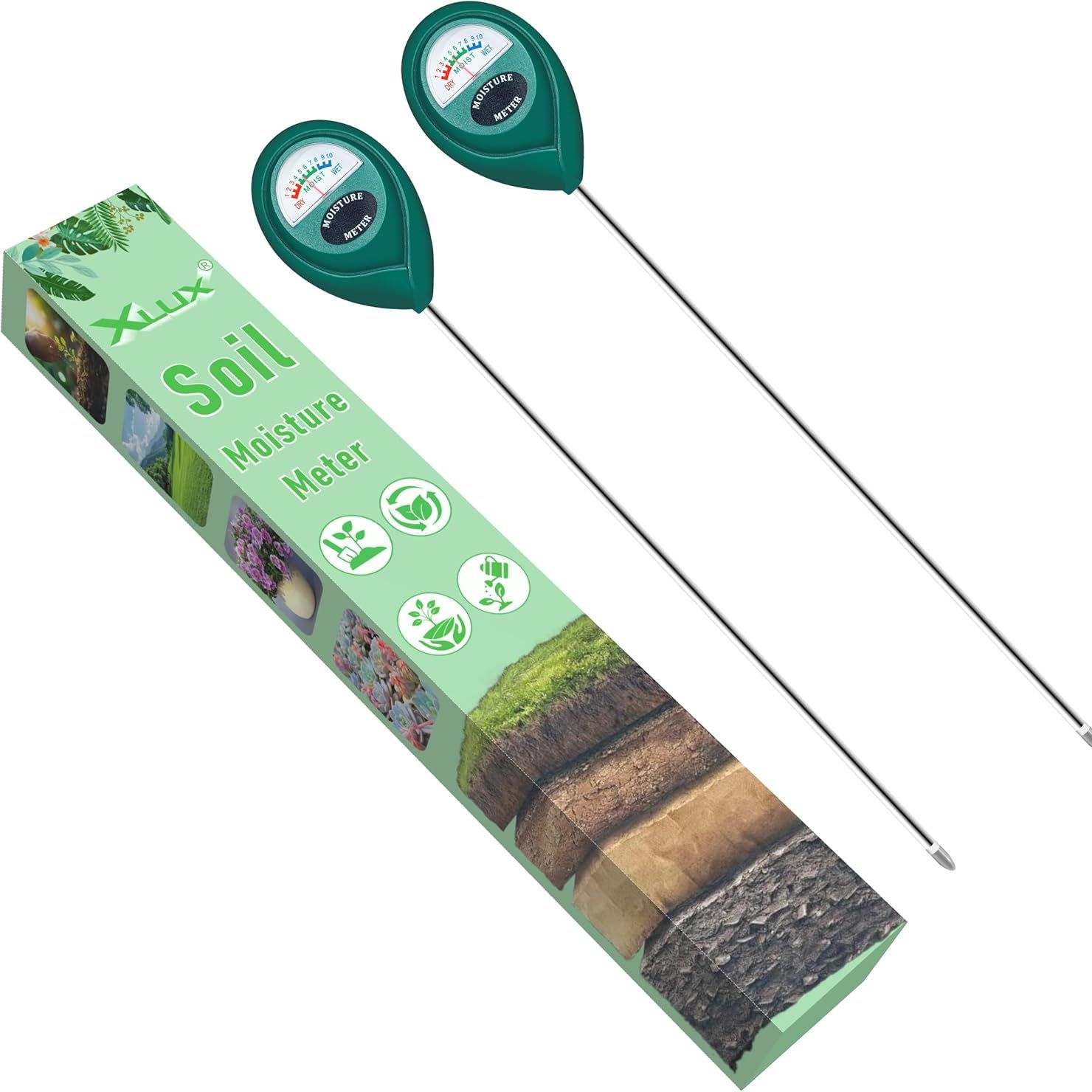 Xlux Long Probe Deep Use Soil Moisture Meter Sensor, Water Monitor Indicator, Hygrometer for Outdoor Indoor Large Pot Plants, Flower, Gardening, Farming, 2 Pack