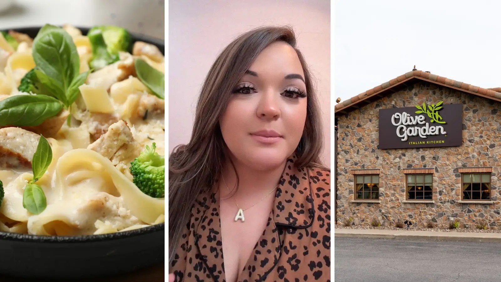chicken pasta (l) woman shares olive garden experience (c) olive garden front entrance (r)