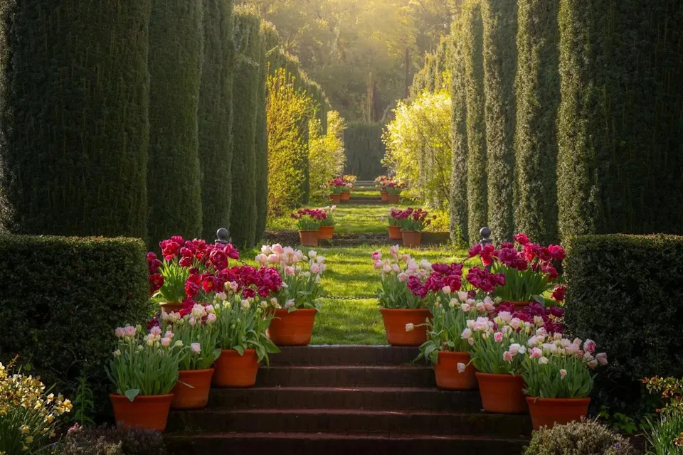 Potted flowers are also on display at Filoli Historic House & Garden.