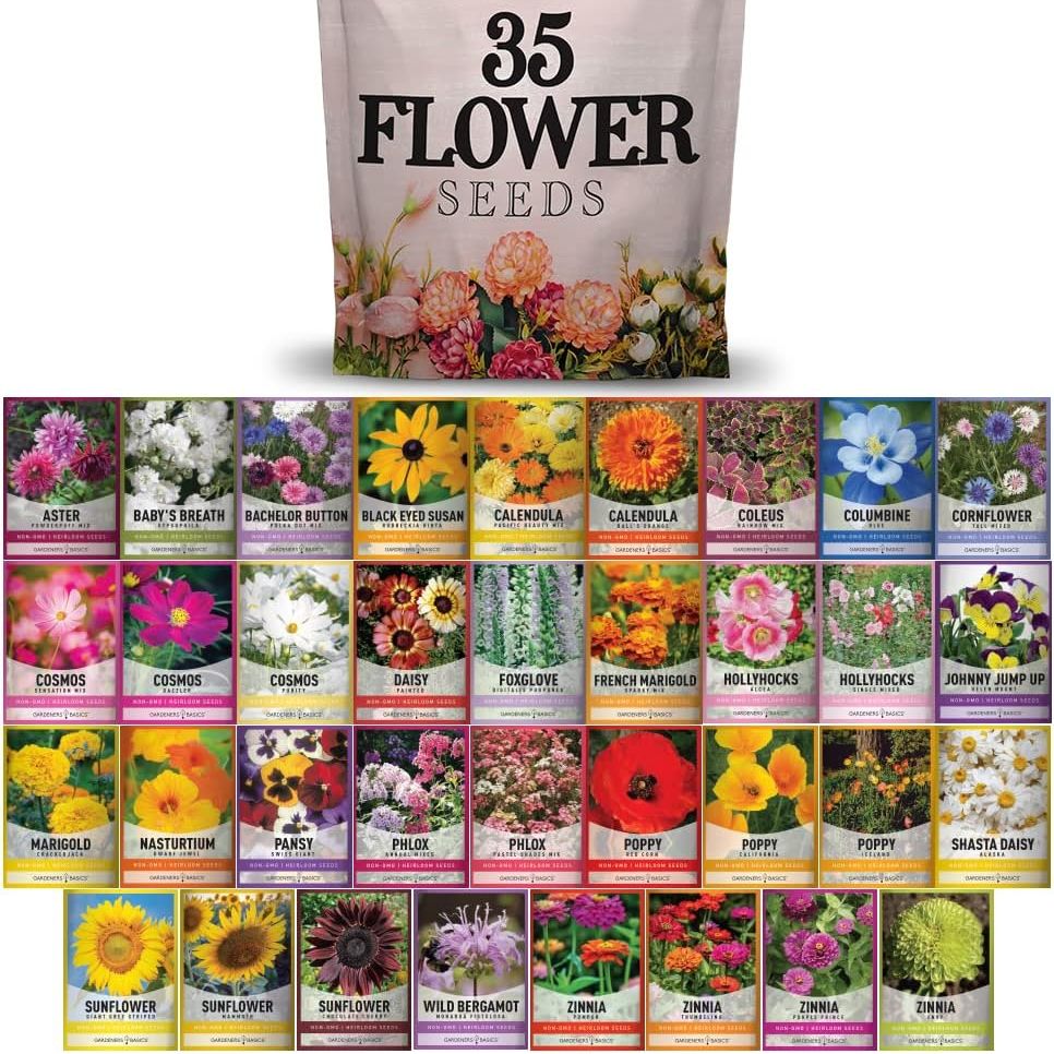 Gardeners Basics, Flower Seeds Packets for Planting 35 Individual Varieties Perennial, Annual, Wildflower Seeds for Planting Outdoors for Bees and Butterflies - Semillas De Flores Hermosas
