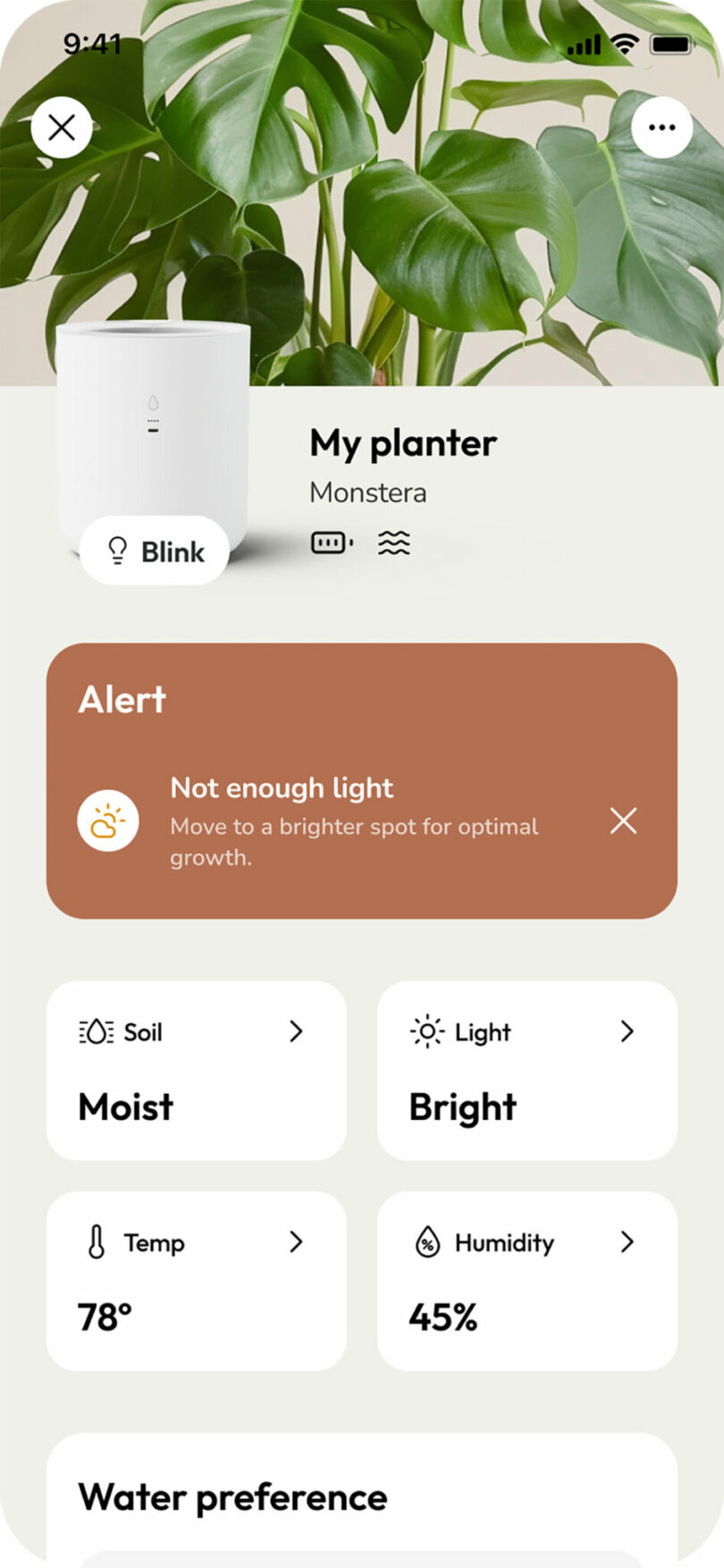 A plant care app interface displays a Monstera plant with a "Not enough light" alert and details about soil moisture, light, temperature, and humidity levels.
