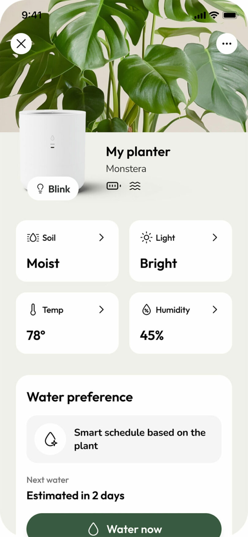 A plant care app interface shows a Monstera with current conditions: moist soil, bright light, 78°F temperature, 45% humidity, and next watering estimated in 2 days.
