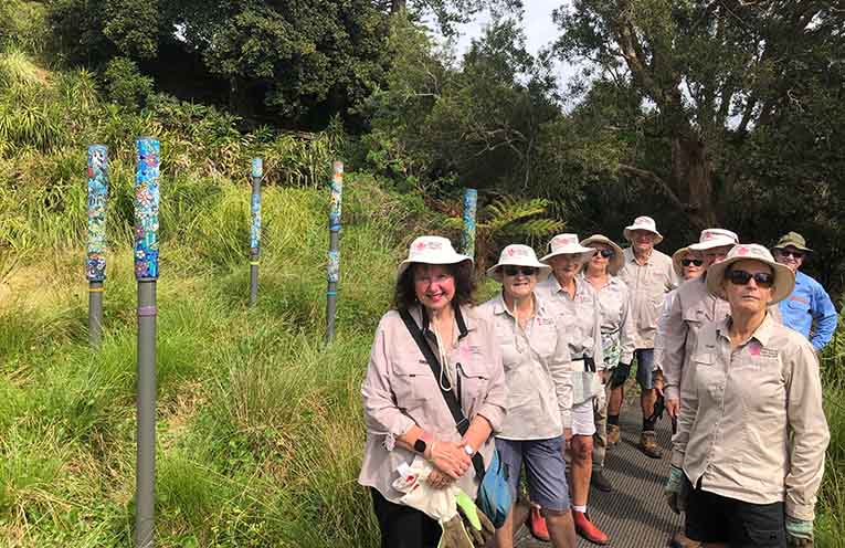 Mrs York’s Garden in Port Macquarie is a place of solace for locals and visitors right in the centre of town Friends of Mrs York’s Garden near the newly installed mosaic poles with Karen Hall and Di Davison. Photo: Pauline Cain.