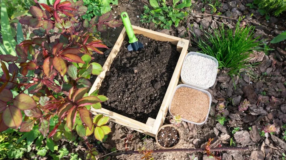 Natural bio fertilizers, additives and soil improvers vermicompost, compost, manure, perlite, agroperlite for preparing the soil mixture for growing seedlings and vegetables in the garden.