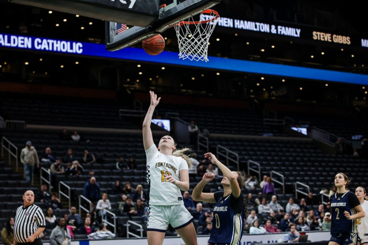 Fontbonne’s Kailey VonHandorf goes up for a layup during the Ducks' 49-43 win over Malden Catholic during the Andrew James Lawson Foundation Invitational at TD Garden.