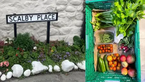 Hornsea Urban Gardeners A composite photo of two images side by side. On the left is a street sign that reads 'Scalby Place' next to a white wall. Underneath it are purple, white and pink flowers along with greenery and white rocks. On the right is a green plastic basket full of tubs holding various vegetables including tomatoes and green beans.